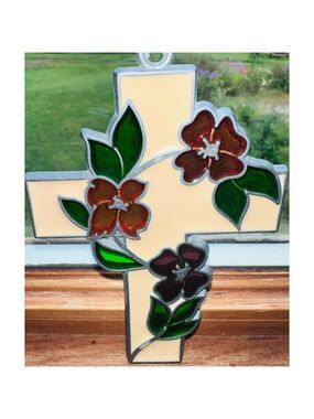 Vintage 1970s Stained Glass Cross With Flowers Suncatcher Religion Catholic